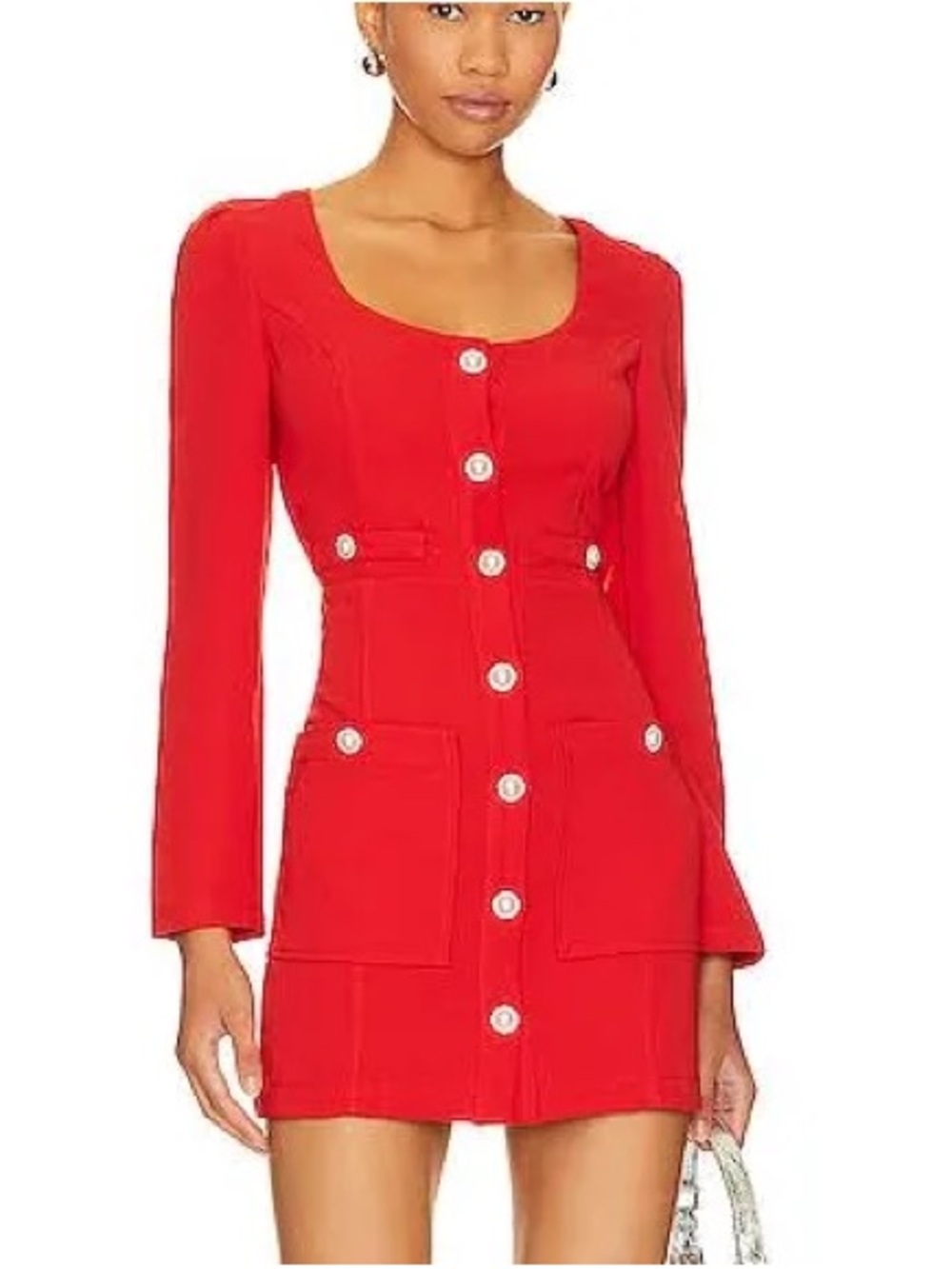 Line & Dot Red Button-Front Long Sleeve Mini Dress, Small